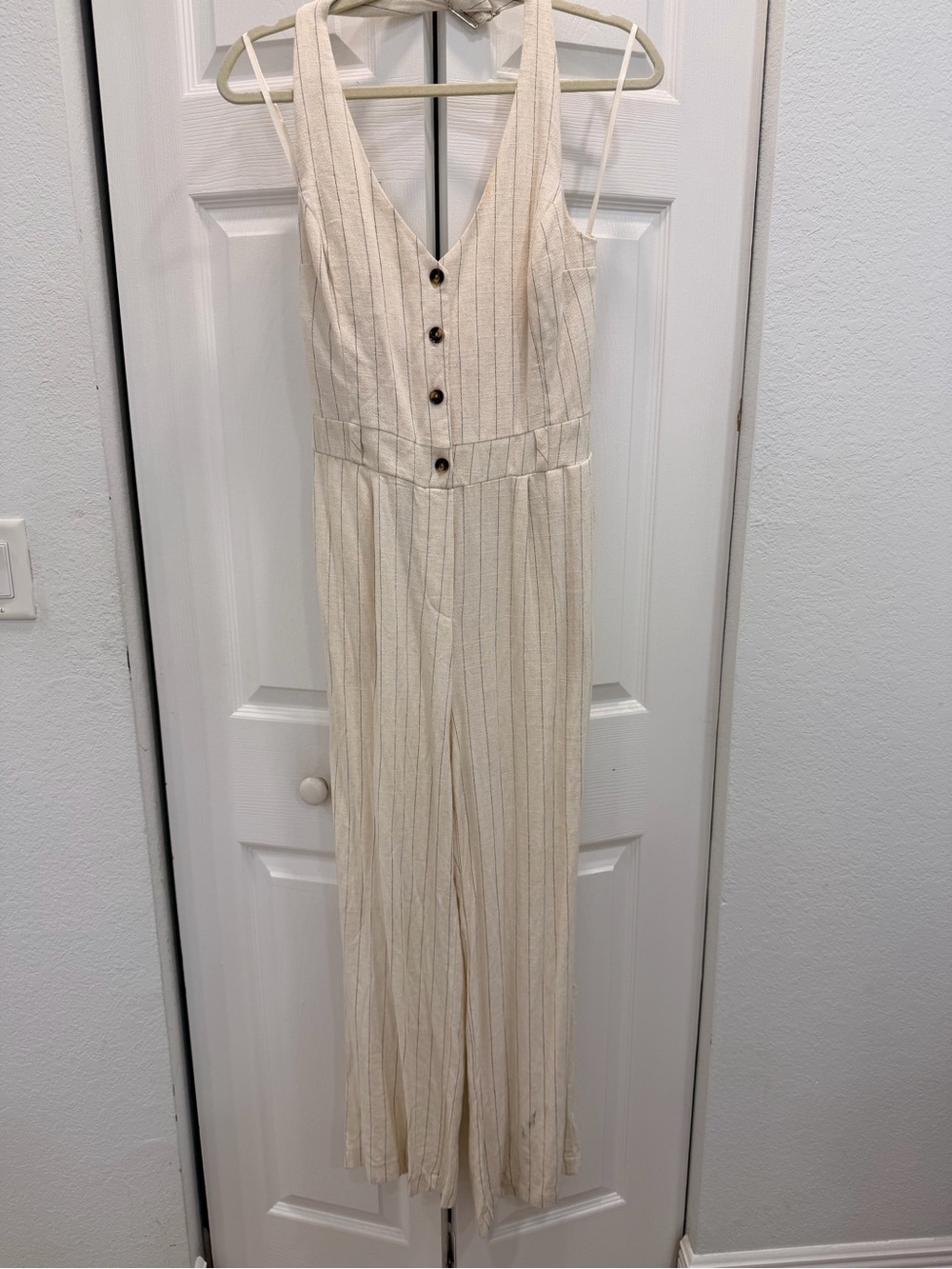 Monteau Cream Pinstripe Button-Front Jumpsuit